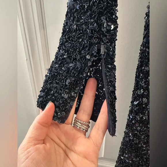 NWT Rachel Gilbert Mirella Sequin Navy Midi Dress Bow Sash Long Sleeve Size 8 - Picture 9 of 12